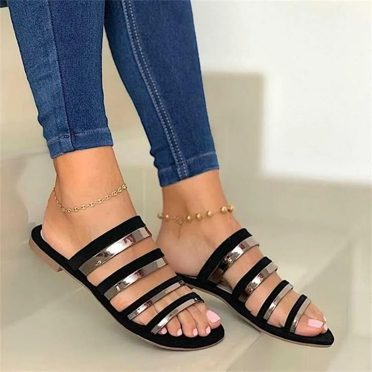 

Casual Hollow Metal Decoration Girls Female Flat Slippers 2021, Customized color