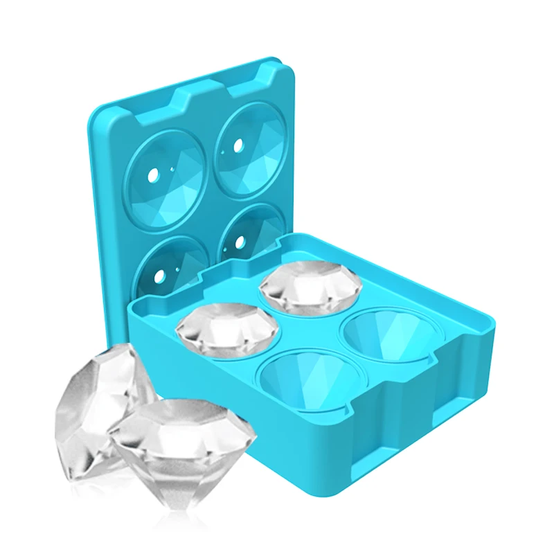 

2021 New Design Diamond Ice Mold Reusable Silicone Non Toxic 4 Cavity Ice Trays Maker With Lid Whisky Ice Mold