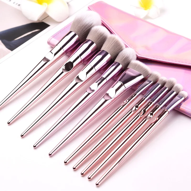 

Wholesale Professional 10 pcs Rose Gold Plastic Plating Handle Blush Make Up Brushes Girls Daily Makeup Brush Set With Case