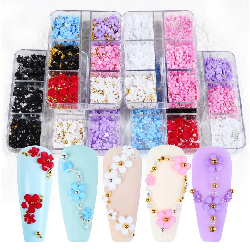 

Juli Wholesale Box Packing Mini Resin 3d Nails Flowers Mixed Steel Bead Diy Design Accessories Nail Supplies Art, 7 colors