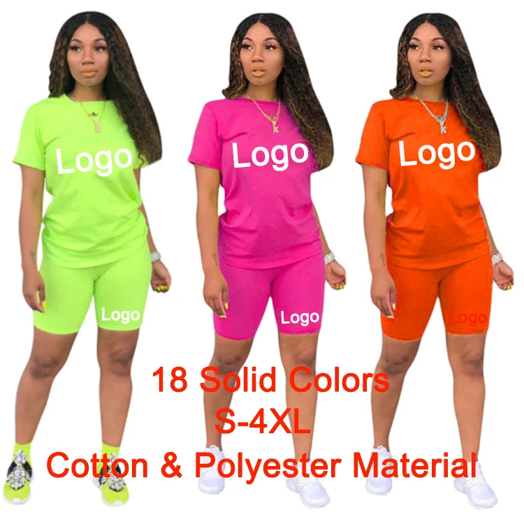 

Custom Logo Wholesale 2 Piece Set Women Plus Size Casual Two Piece Short Set Short Sleeve T Shirt & Pants Neon Two piece Set, 18 solid colors