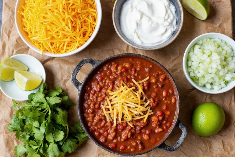 Variety of chili toppings including shredded cheese, sour cream, diced onions, cilantro, and lime wedges arranged around a bowl of steaming chili