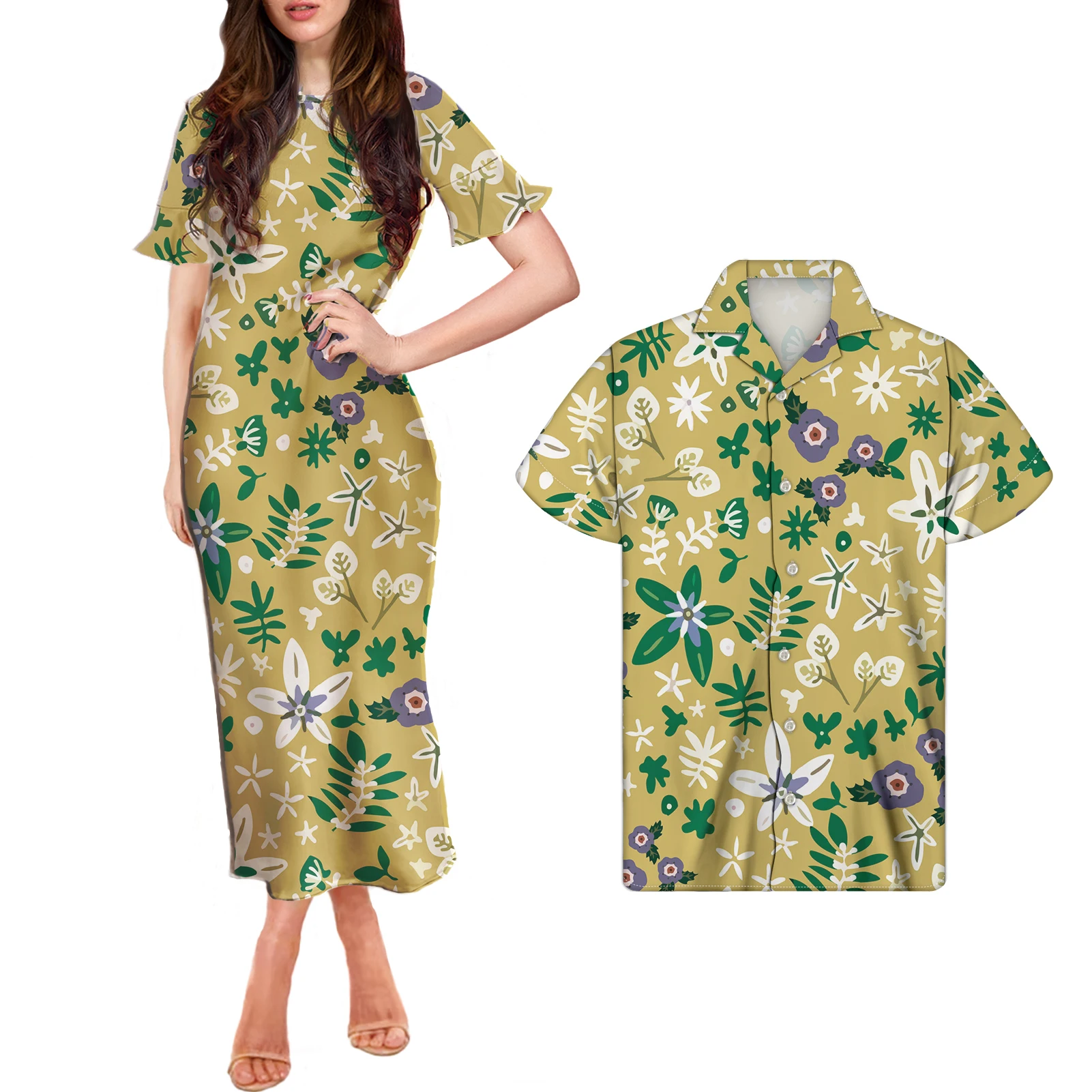 

Custom Special Couple Matching Clothing Vintage Printing Maxi Dress Casual Comfort O-Neck Plus Size Summer Dresses, Customized color
