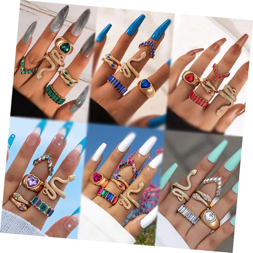 

17KM 5Pcs Acrylic Crystal Rings Set Animals Snake Eye Resin Rings for Women Metal Resin Ethnic Rings Accessories Trendy Jewelry