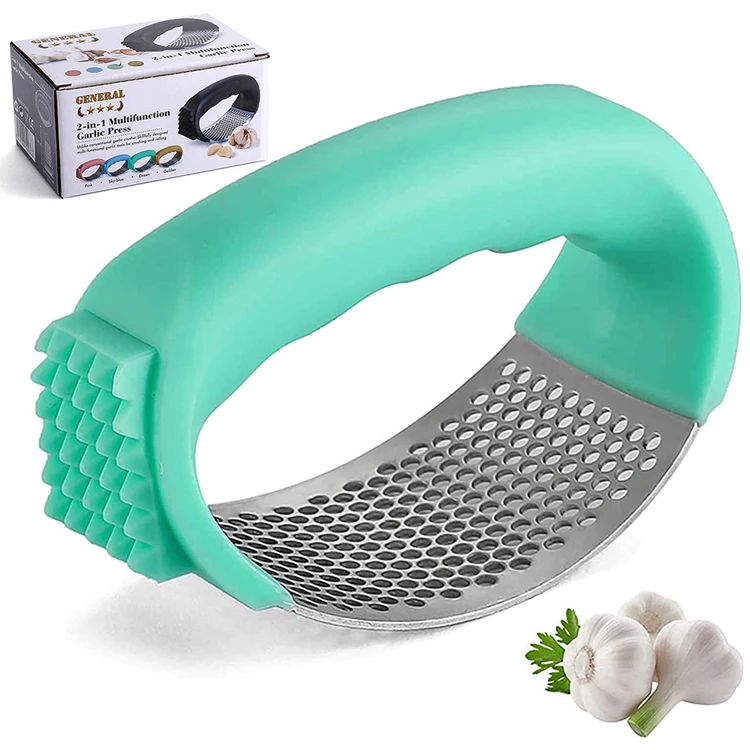 

Hot Sale Kitchen Manual Gadgets Tools Arc-shaped Rubber Anti Slip Stainless Steel Garlic Ginger Crusher Press with Box