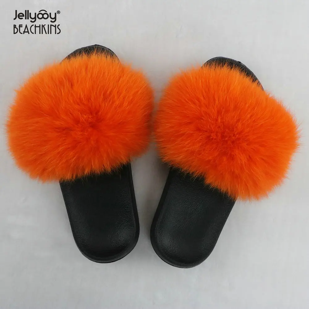 

Jellyooy BEACHKINS Wholesale Real Fox Fluffy Fur Slippers Fashion Solid Color Fur Slides Sandals For Women, Many colors, accept make new colors