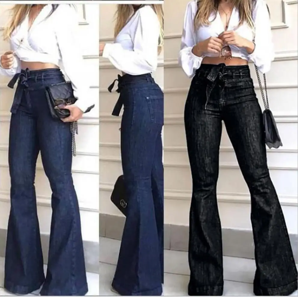 

KXX672 autumn New cotton black blue High waist slim bandage women flare jeans pants 2019, Dark blue