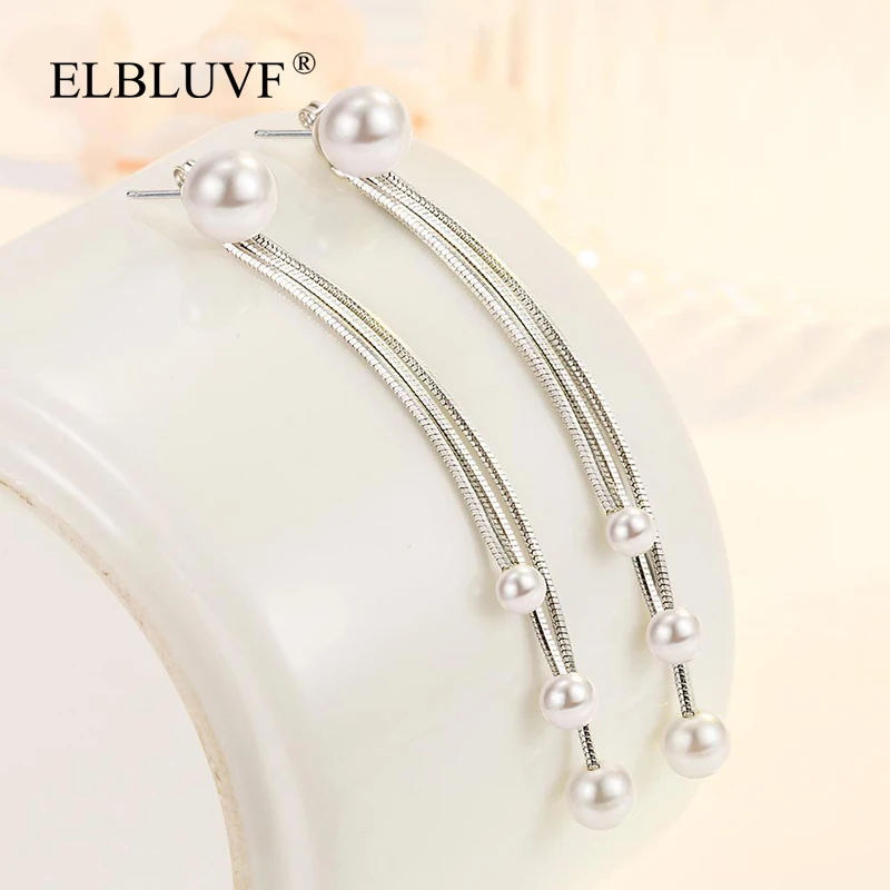 

ELBLUVF Free Shipping Copper Alloy S925 Silver Plated Jewelry Pearl Dangle Tassel Earrings Fer Women, White gold