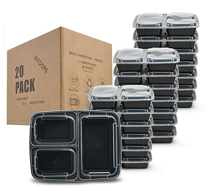 1000ml 20pack 3 Compartment disposable lunch box container bento box with lid plastic meal prep containers stackable bento box