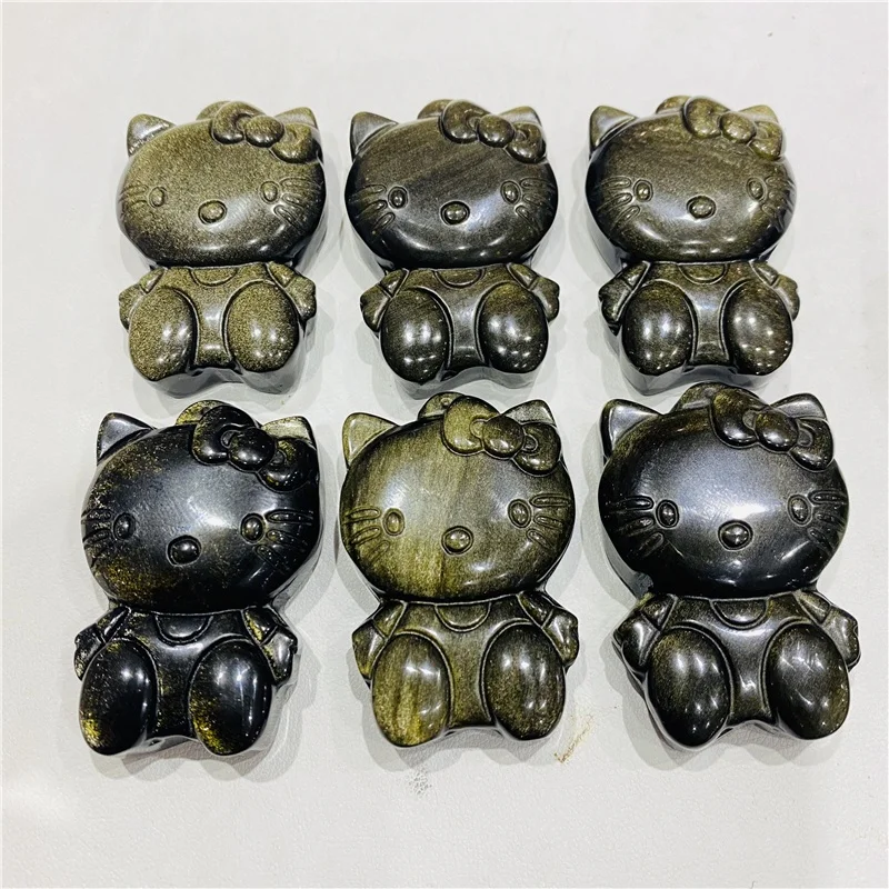 

Hot Sale Crystal Stone Carved Natural Golden/Silver Sheen Obsidian Hello Kitty For Gifts