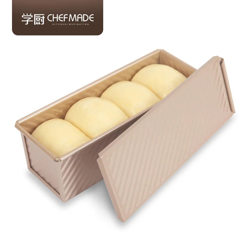 

CHEFMADE Oven Baking 0.66Lb Dough Capacity Non-Stick Rectangle Corrugated Toast Box Mini Pullman Loaf Pan with Lid, Champagne gold