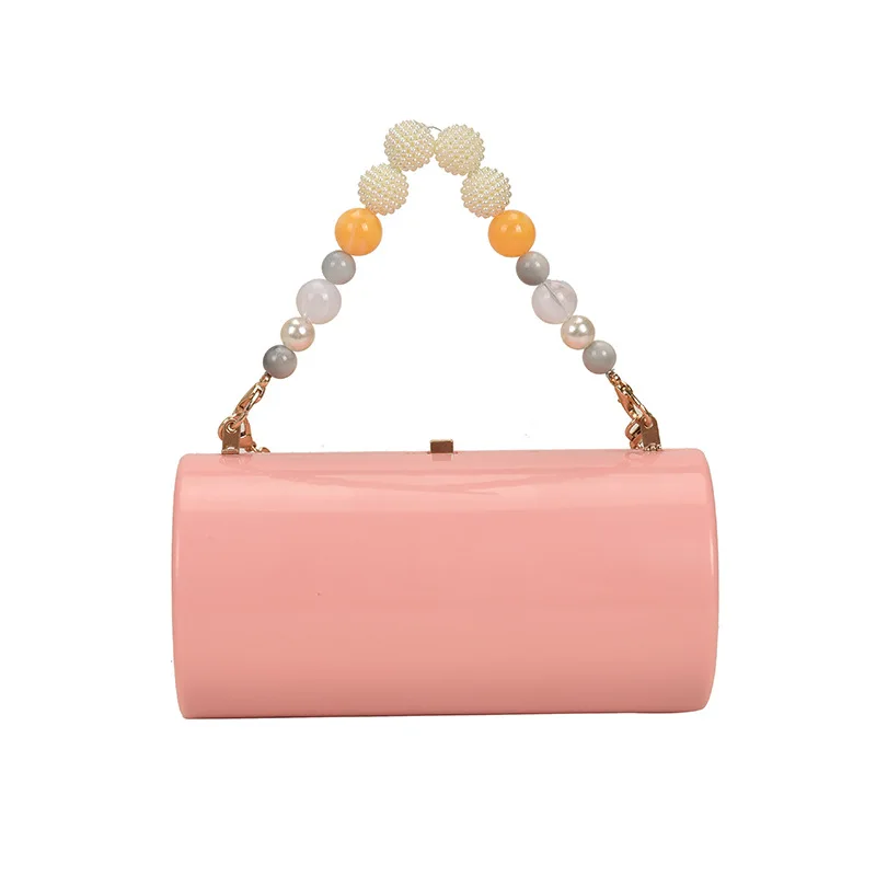 

Acrylic chain  pearl handle portable cylinder bag 2021 new one shoulder crossbody hand bag, Pink