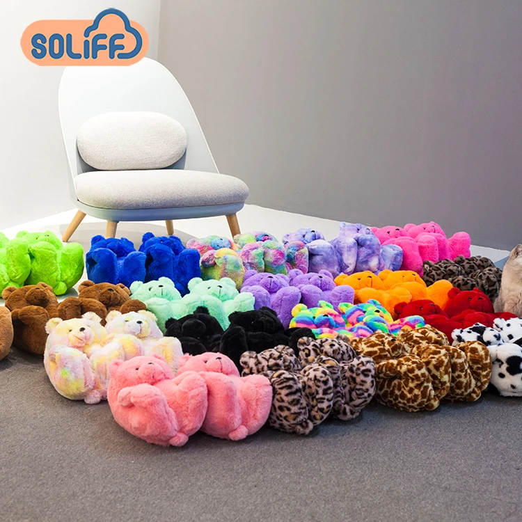 

colorful fuzzy plush teddy bear slippers