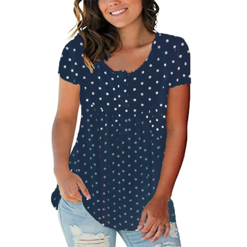

Summer new slim show thin V -collar Polka-dot pleated button T-shirt