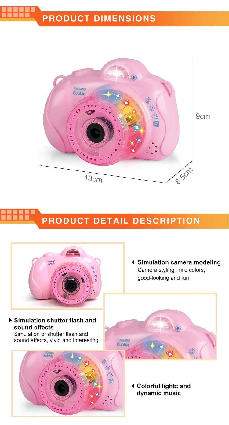 Hot sale summer outdoor toys colorful camera bubble toy with music and light
