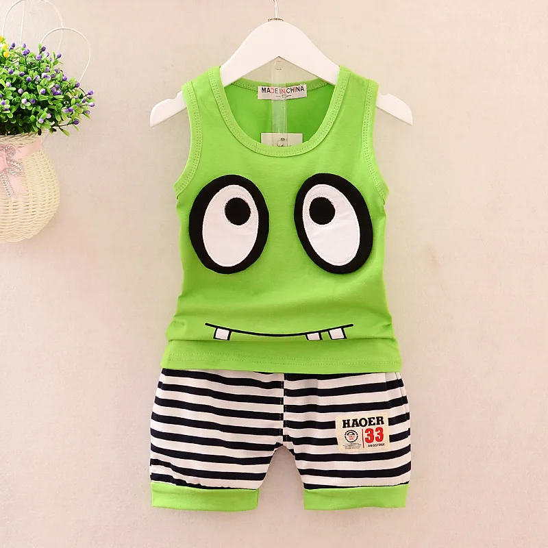 

2021 new boys cartoon print summer children sports suit with round collar multicolor vest and baggy shorts set, Yellow,red, green, dark blue, sky blue