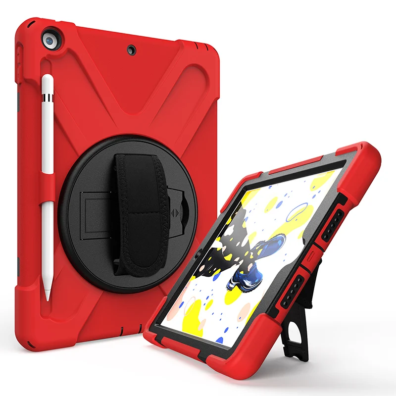 

Anti drop fall resistant silicon & hard PC defender case with pencil slot hand strap rotation kickstand for iPad 10.2 2019 2020