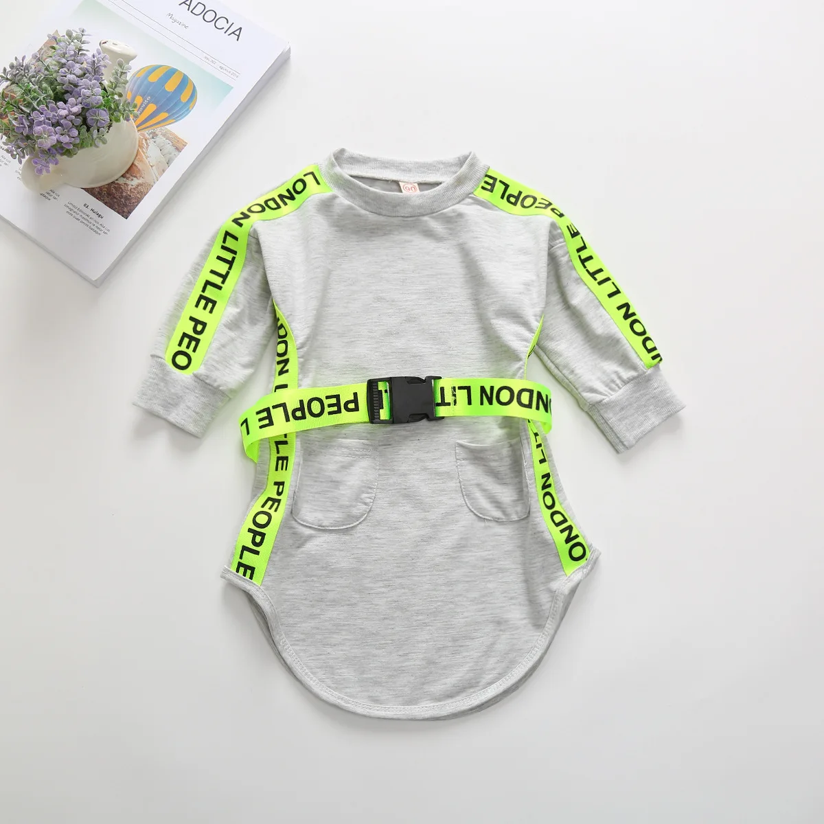 

2021Gray Letter Dress Neon Green Belt Fashion Toddler Baby Sport Casual Outfit Kid Girl Clothes in amazon hot sale