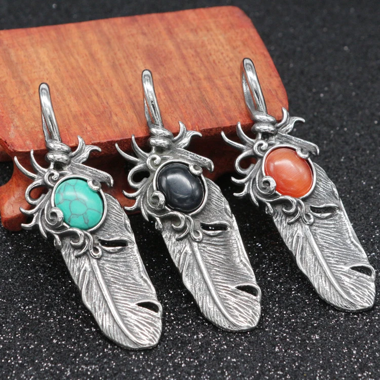 

Stainless steel Vintage Natural Stone Feather Pendant Necklace for men women