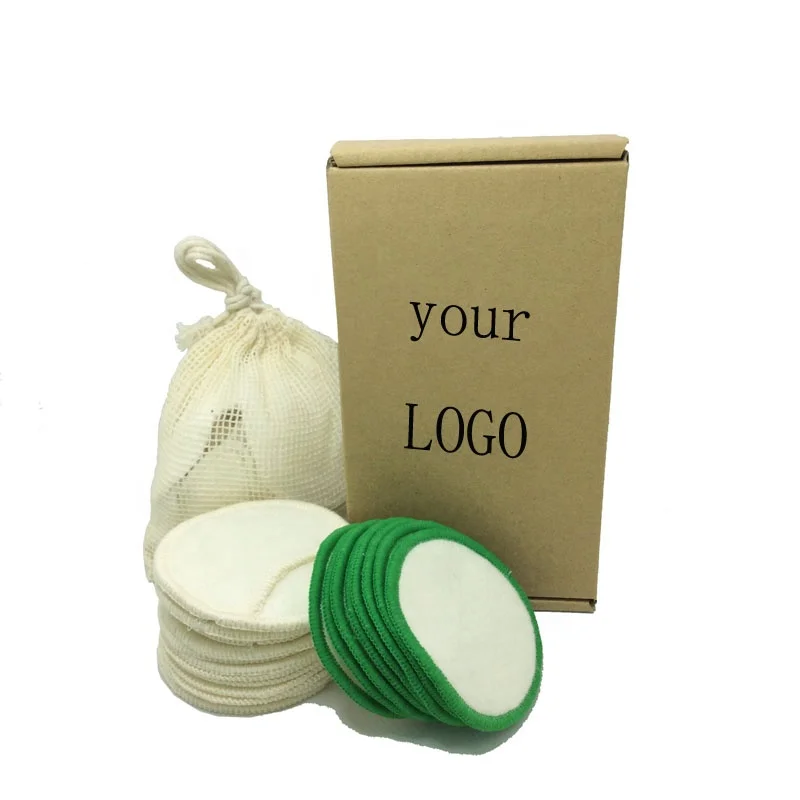 

Factory wholesale round bamboo cotton washable and reusable makeup remover and laundry net bag kraft box set.