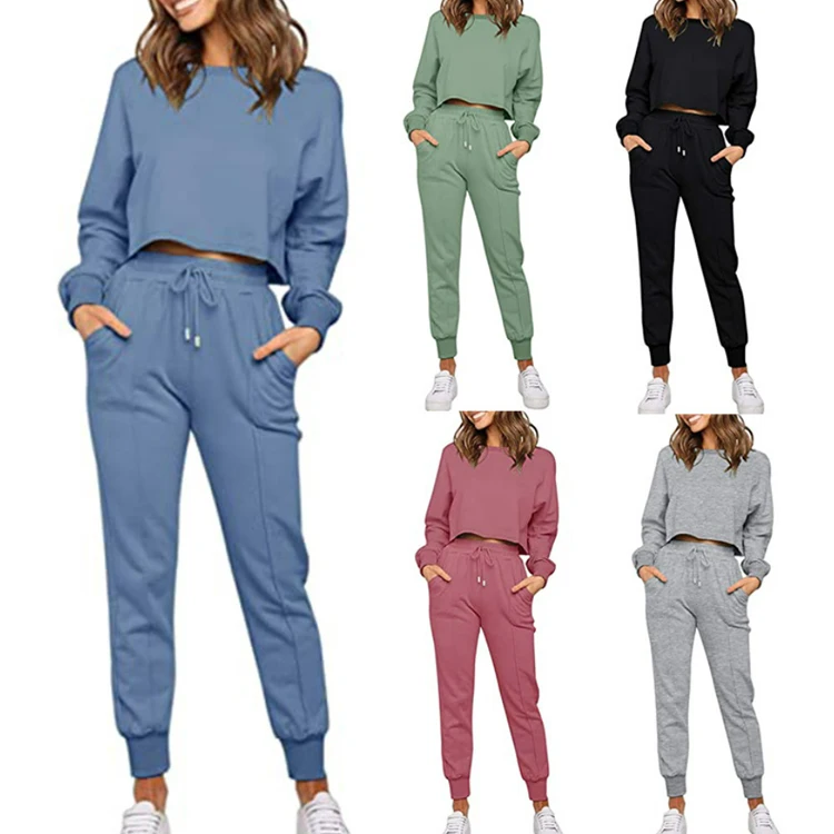 

Women's Solid Sweatsuit Set 2 Piece Long Sleeve Pullover and Drawstring Sweatpants Sport Outfits Sets
