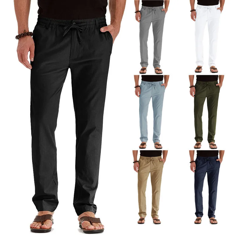 

Men's loose large size elastic waist cotton solid color men's long pants