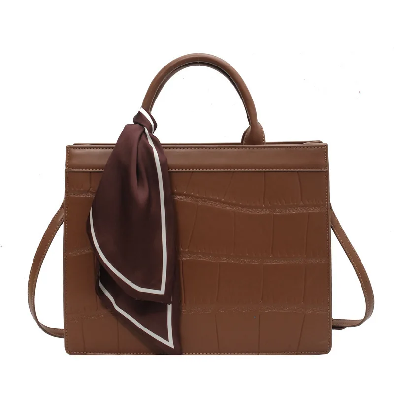 

2021 New Stone Pattern Ribbon PU Leather Handbags Women Elegant High Capacity Shoulder Messenger Bag