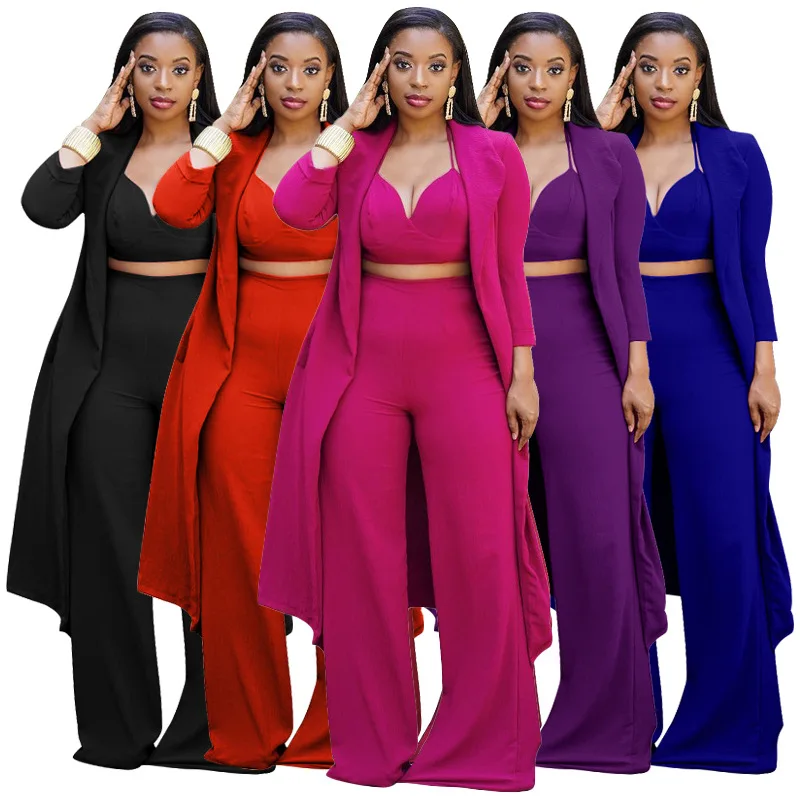 

2021 new arrival workout set solid color wide leggings knitting sets women casual V-neck top summer 3 piece sets