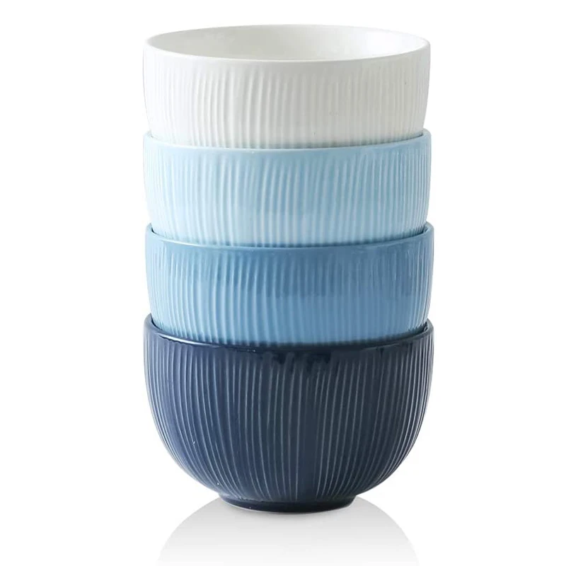 

High Quality 30 OZ Blue Striped Series Deep Soup Bowls Ceramic Ramen Bowls Set For Noodle