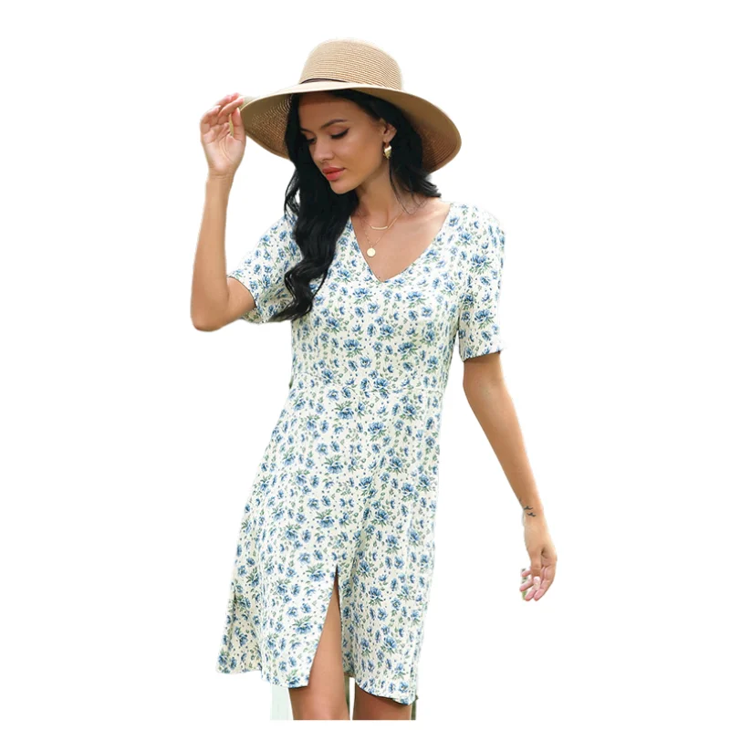 

European and American beach skirt printed V-neck hem slit dress small fresh floral skirt