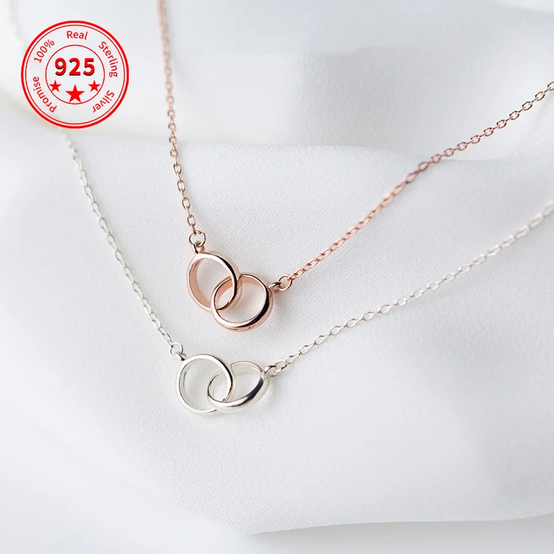 

925 Sterling Silver Two Interlocking Infinity Necklace Silver Colors Couple Interlocking Circle Double Ring Pendant Necklace