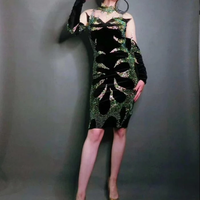 

Multi-Color Rhinestone Long Sleeve Dress Bar Dance Wear Birthday Celebrate Outfit Prom Women Singer Black Dress