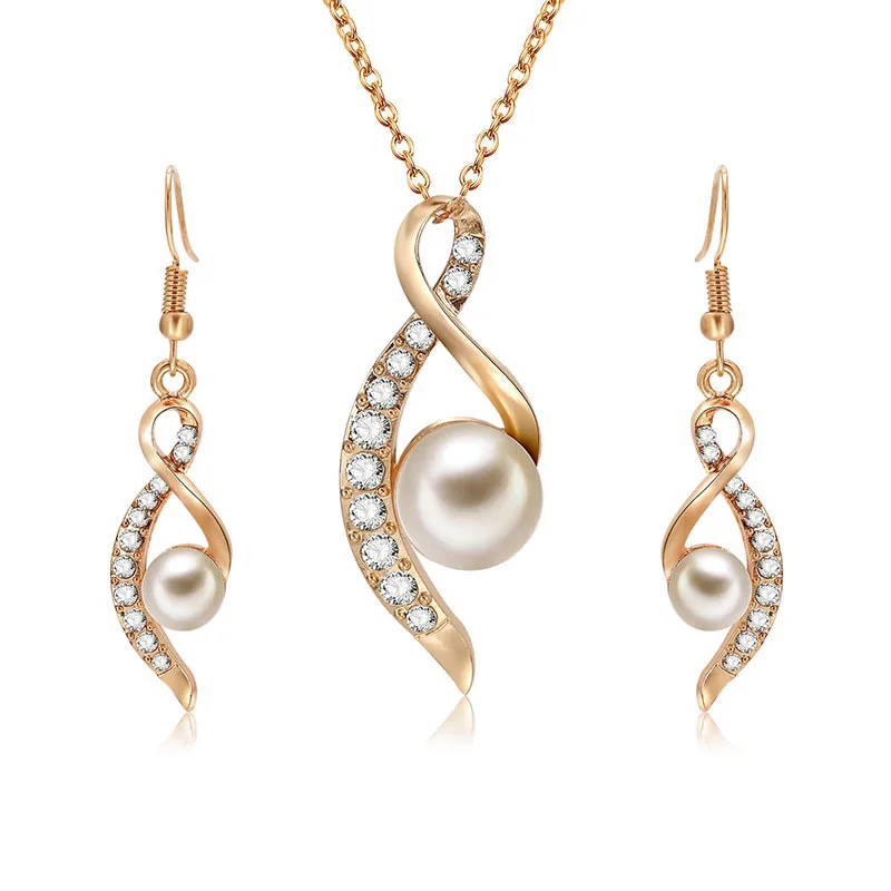 

European Fashion 18K Gold Plating Micro Paved Crystal Infinity Necklaces Earrings Set Natural Pearl Necklace Set For Party