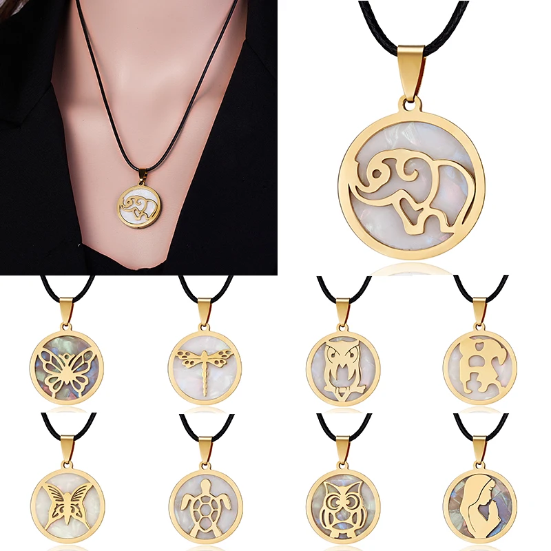 

New Simple High Quality 316 Stainless Steel Round Shell Dragonfly Stainless Steel Animal Leather rope Pendant Necklace, Gold