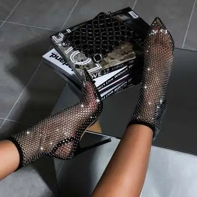 

New Air Mesh Net Bling Women Shoes Summer Ankle Boots Thin High Heels Sexy Sandal Chelsea Boots Female Dropship Pumps shoes