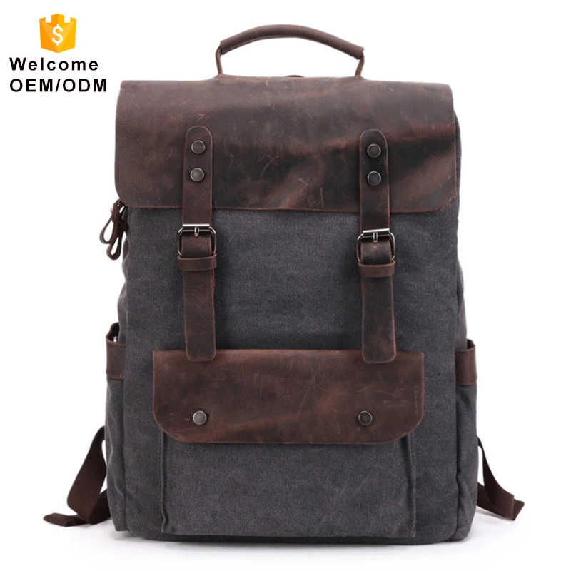 

Mens Washed Canvas Genuine Leather customize logo rucksack retro vintage cotton laptop custom school canvas backpack for men, Khaki, brown, lake green, army green, dark gray