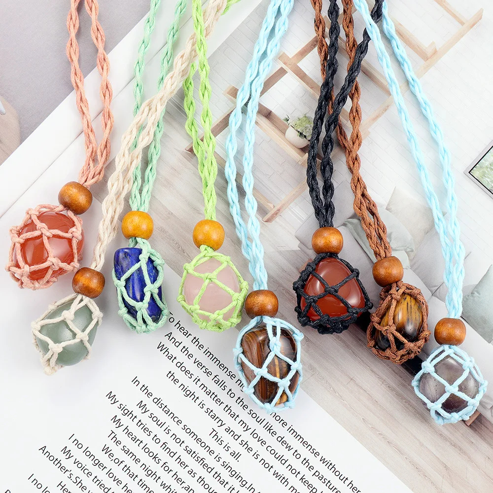 

Adjustable DIY Necklace Natural Quartz Crystal Healing Stone Net Bag Pendant Empty Stone Holder Wax Rope Necklace Cord
