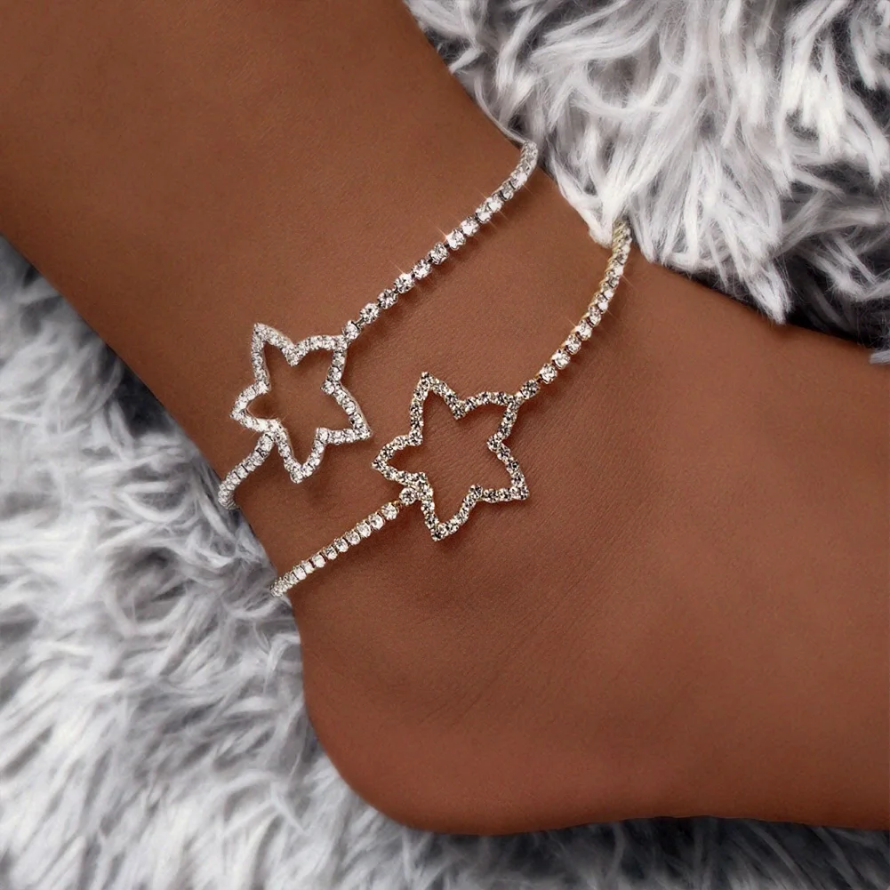 

Fashionable Adjustable Extension Chain Hollow Five-point Star Link Anklet For Female Simple Design Jewelry, Gold,silver color