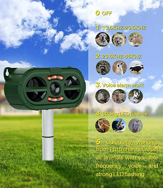 

Ultrasonic New design Outdoor Solar Animal control Repeller Dog Cat bat bird bear snake Repeller with PIR Sensor Light