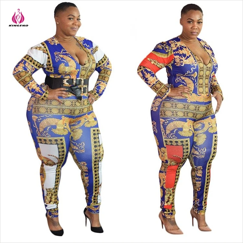 

K1604 Fashion National Elements Printed Woman Plus Size Print V Neck Jumpsuit