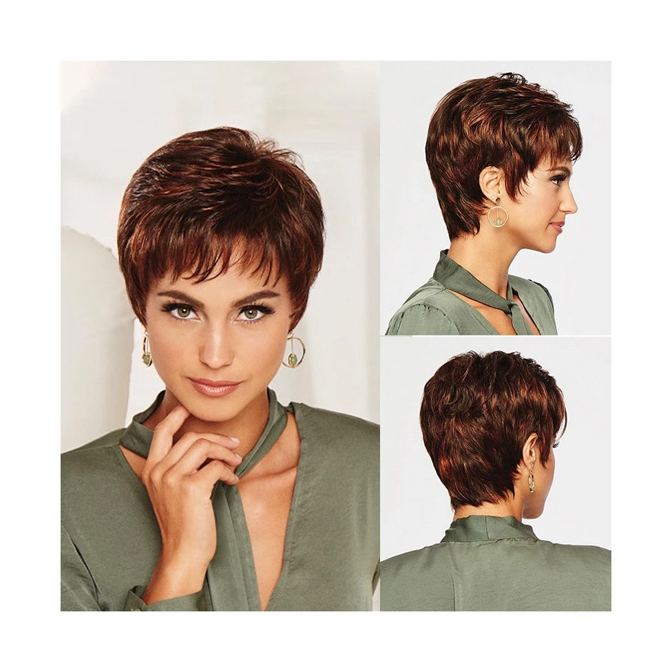 

Hot Sell High Quality Short Finger Wave Wigs Remy Human hair Brown Short Curly Pixie cut wigs, Reddish brown