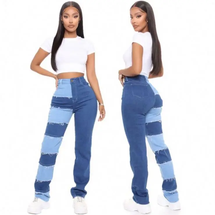 

TINA Summer 2021 Button Fly Blue And Light Blue Spliced Woman Pants 2021 Womens Trousers Denim Jeans