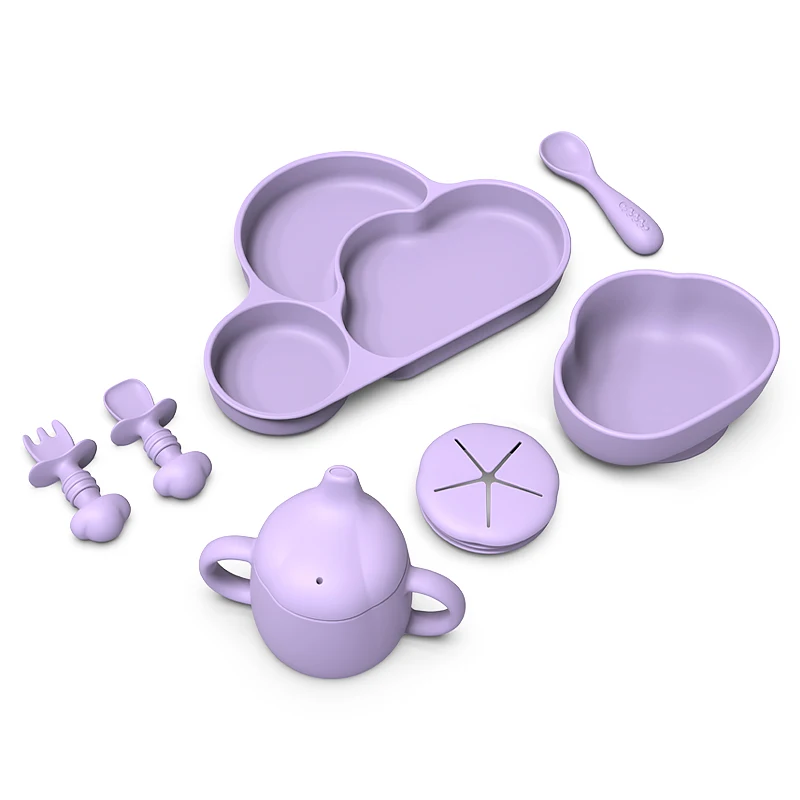 

Silicone baby feeding set toddler tableware children dishes set plate bib bowl cup spoon fork Small quantity customization