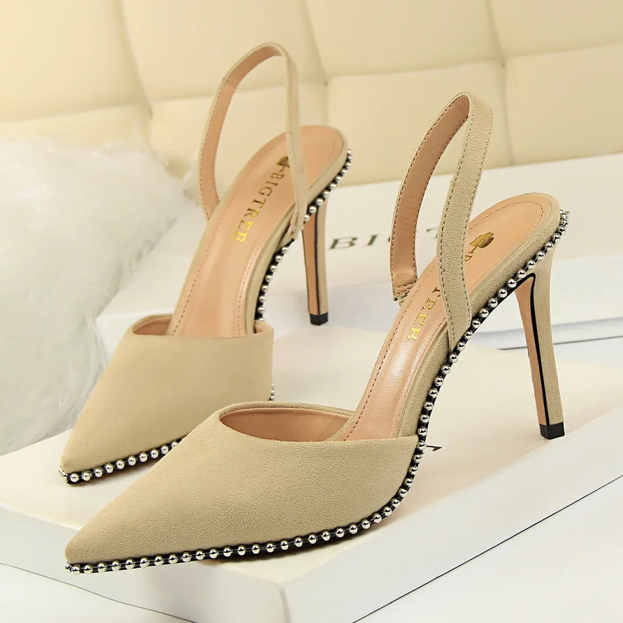 

Nightclub Hollow Rivet Pointed-toe Women's Black High Heels Sandal Sexy Ladies Black Suede Sandals, 4 colors