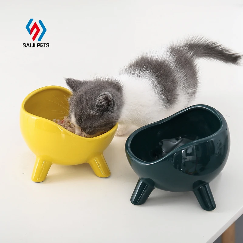 

Saiji hot sale anti tipping popular style customized pet food feeding hight quality deep ceramic cat dog bowl, Blue, yellow, customized color
