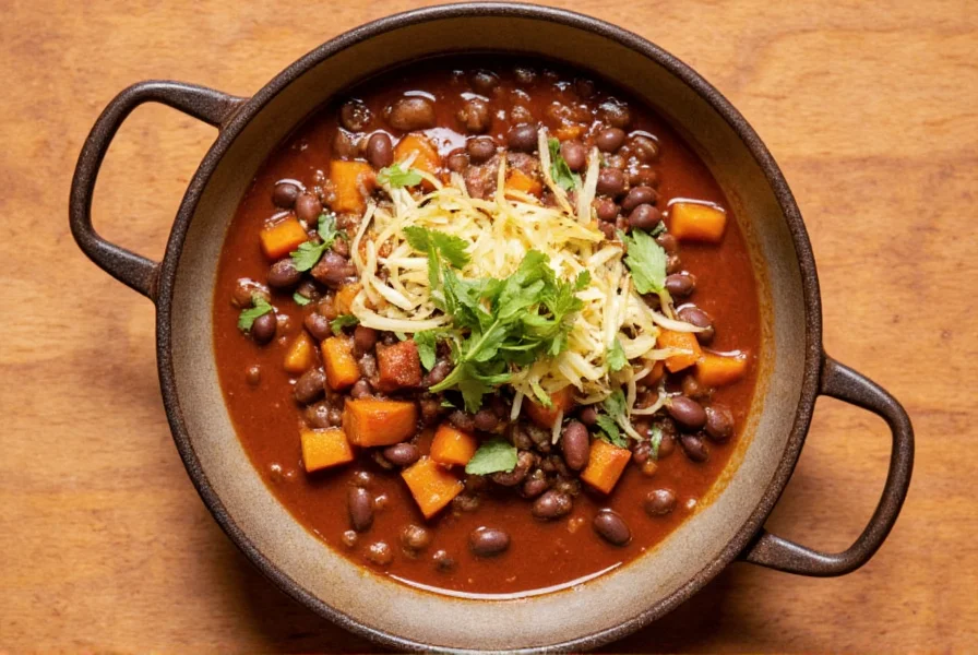 Vegan chili with black beans and sweet potatoes served at a trendy Queens restaurant