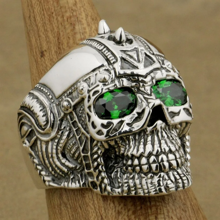 

High Quality Vintage Punk Personalized Skull Helmet Ring Men Green Stone Eye Hip Hop Style Rings, As picture/custom color