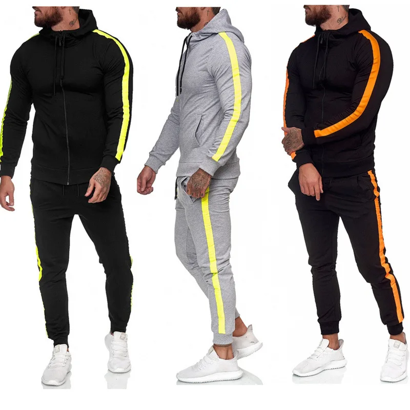 

New men's zipper shirt hooded joggers outfit stitching sweatshirt men's pants casual sports suit two piece workout set