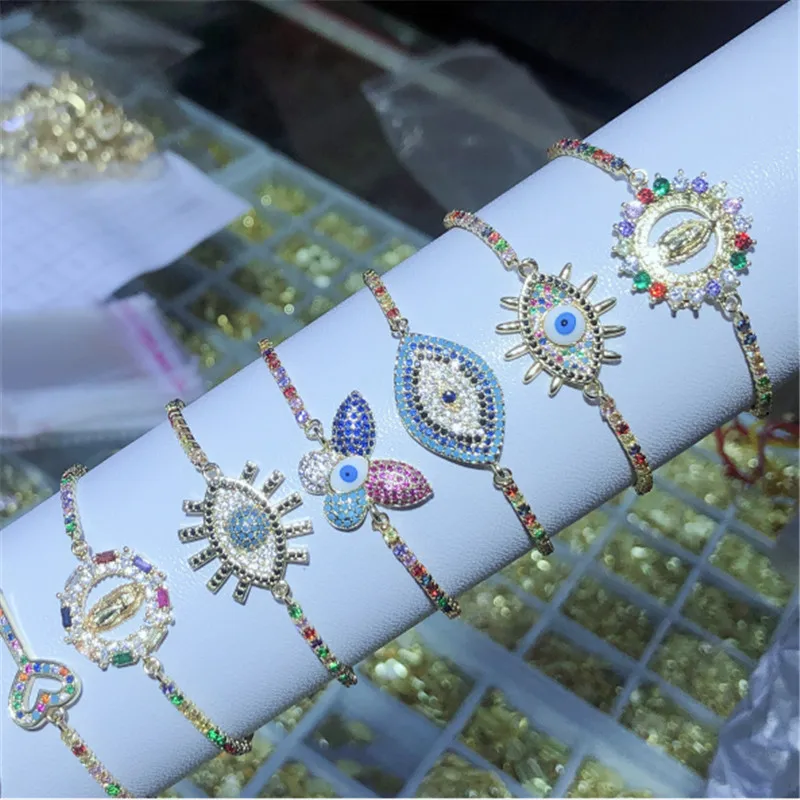 

2021 Colorful Cubic Zirconia Virgin Mary Charm Bracelets Gold Plated Rainbow Crystal Virgin Mary Bracelets