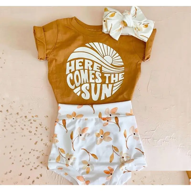 

0-24M Baby Boys Girls Summer 3Pcs Outfits Sets Short Sleeve Letter Print T-Shirtsfloral High Waist Shortsheadband Soft Outfits